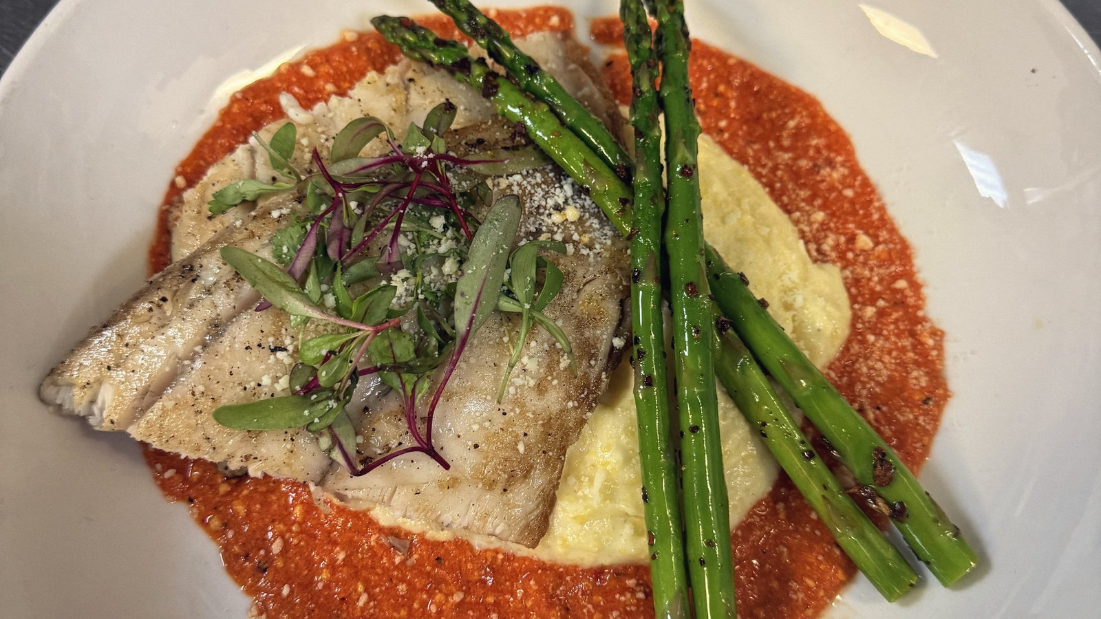 Seared fish on romesco with asparagus, shot straight down. The only true overhead in the set.